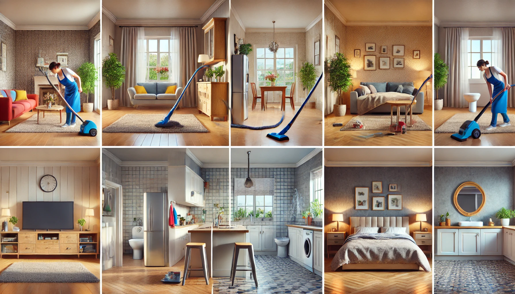 stada olika rum "En uppdelad bild som visar olika moment av städning i hemmet: dammsugning i vardagsrummet, avtorkning i köket, rengöring av badrummet och bäddning i sovrummet – symboliserar en komplett städrutin för hela hemmet."
