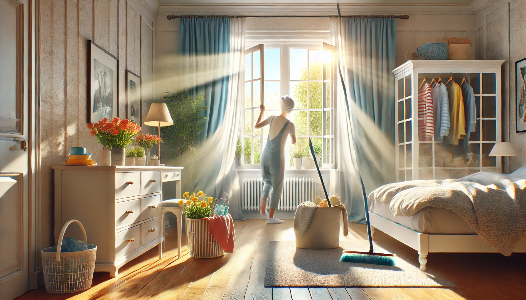 "En ljus vårdag där fönster står öppna och en person dammtorkar ytor, sopar golv och vädrar sängkläder, vilket symboliserar vårstädningens fräschör och nystart i hemmet."