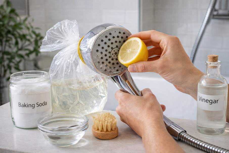 rengoring-av-duschmunstycke-med-naturliga-metoder-i-badrum-16×9 Rengöring av duschmunstycke i badrum med naturliga metoder som ättika, citron och bikarbonat.